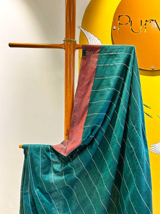 Hand-Stitched Kantha Mint Green Saree - Organic Khadi Linen