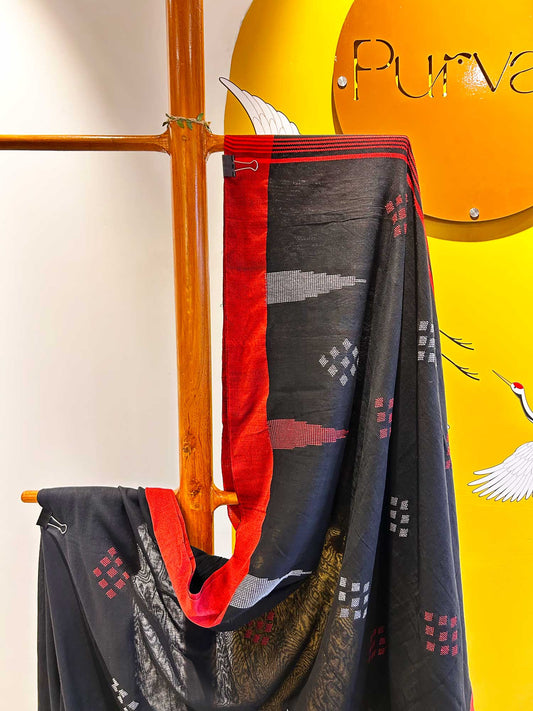 Hand-Stitched Kantha Black Saree - Organic Khadi Linen