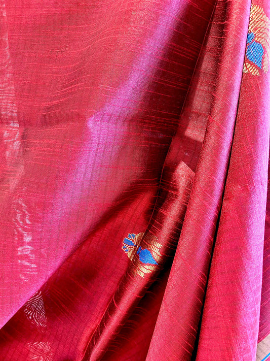 Maroon Saree with Contrast Royal Blue Pallu - Raw Silk