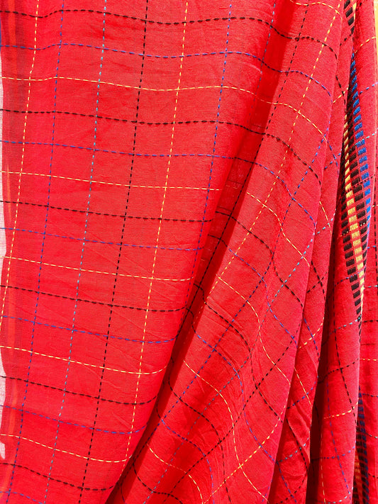 Hand-Stitched Bright Red Saree - Organic Khadi Linen