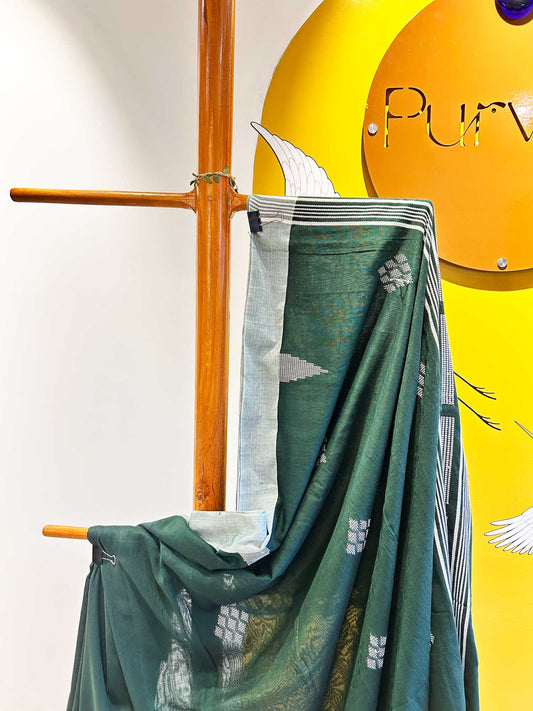 Hand-Stitched Kantha Bottle Green Saree - Organic Khadi Linen