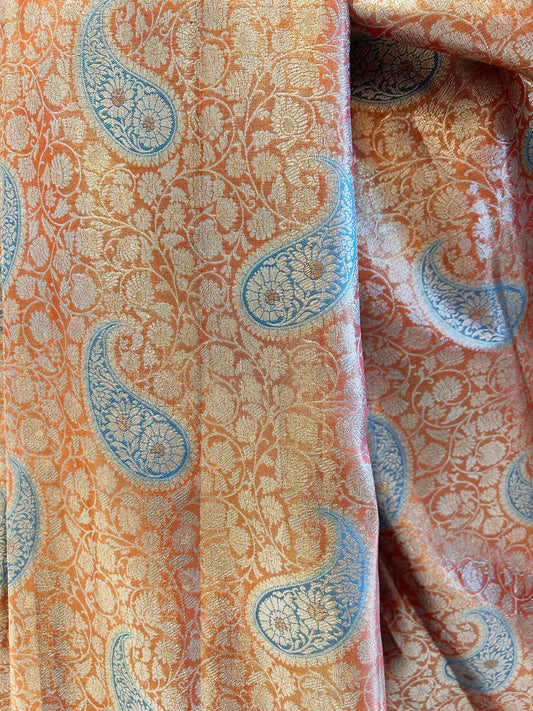 Deep Orange Rasipuram Silk Traditional Handloom Saree with Blue Contrast border