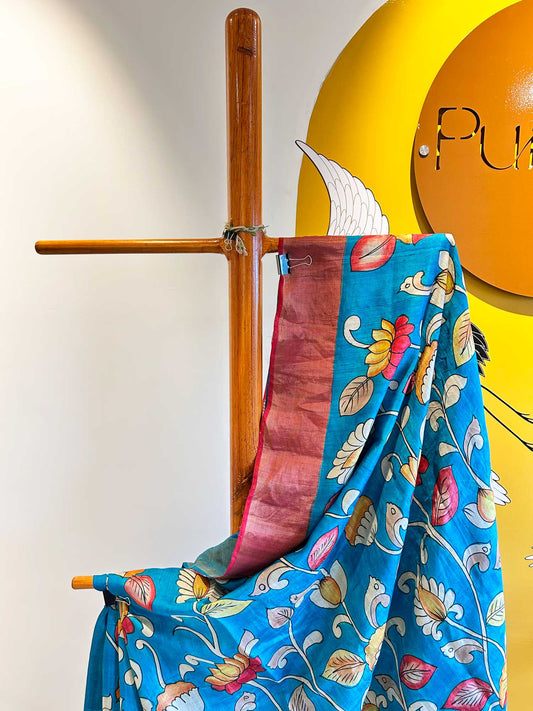 Handprinted Flower Motifs Blue Kalamkari Saree - Pure Tussar Silk