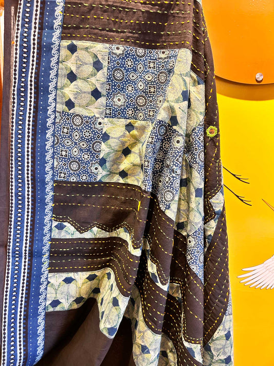Handblock Ajrak Patchwork and Mirror-work Black Saree - Pure cotton
