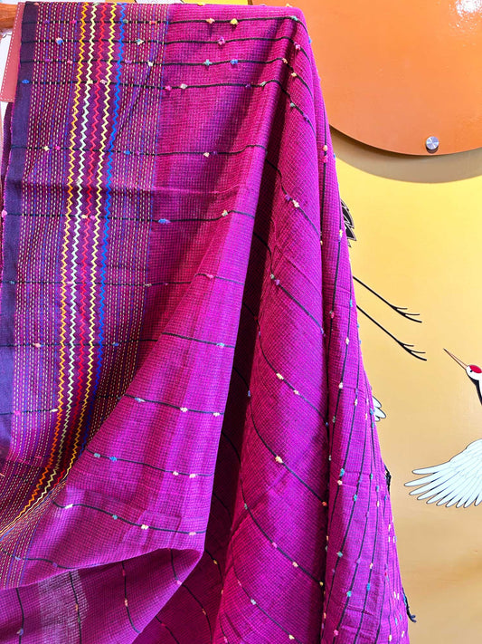 Hand-Stitched Kantha Magenta Saree - Organic Khadi