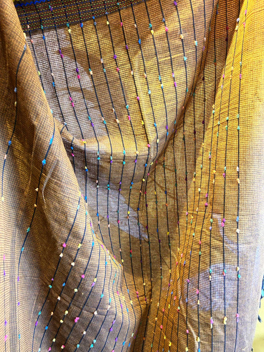 Hand-Stitched Kantha Coffee Brown Saree - Organic Khadi