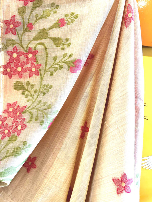 Creamy Beige Saree with Floral Threadwork and Contrast Pink Blouse - Tussar Silk Cotton