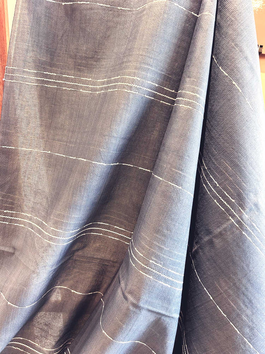 Denim Blue Saree with Threadwork and Contrast Grandma Gray Pallu - Silk Cotton