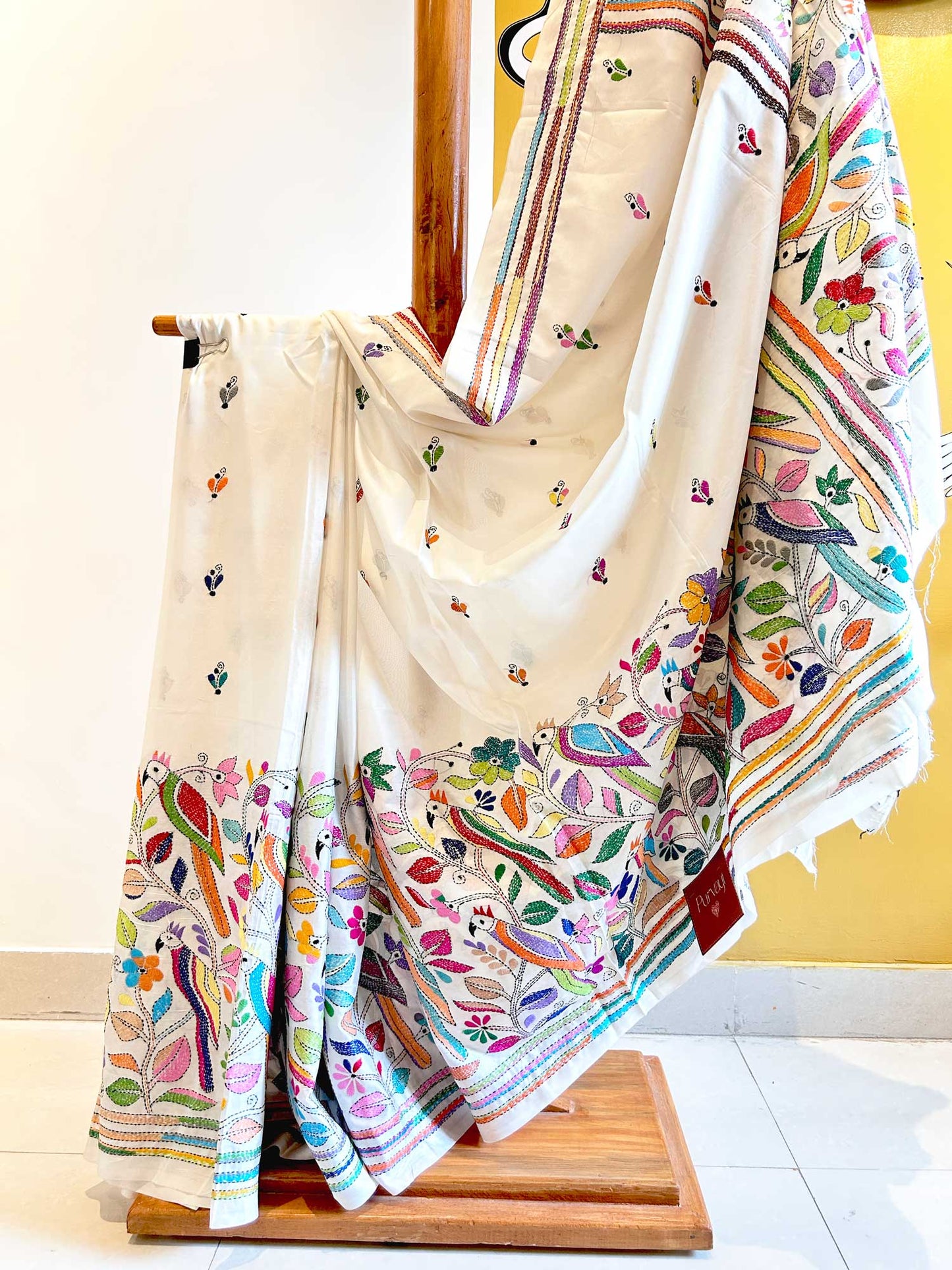 Colorful Bird Hand-Stitched Kantha White Saree - Bangalorean Silk