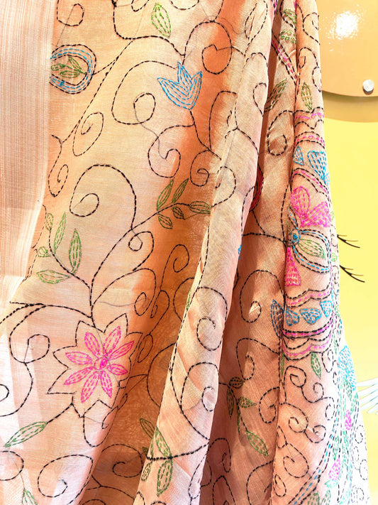 Hand-Stitched Kantha Onion Pink Saree - Organic Linen Khadi