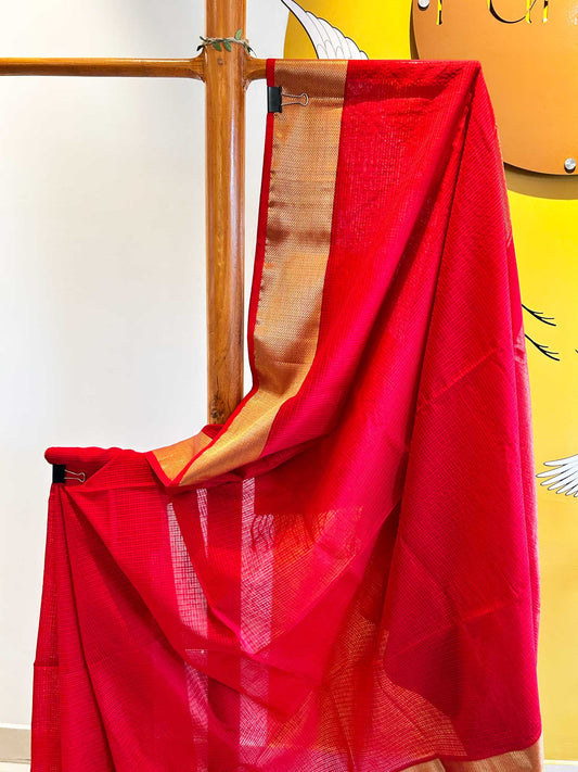 Red Golden Dual tone with Golden Zari Border - Tissue Silk