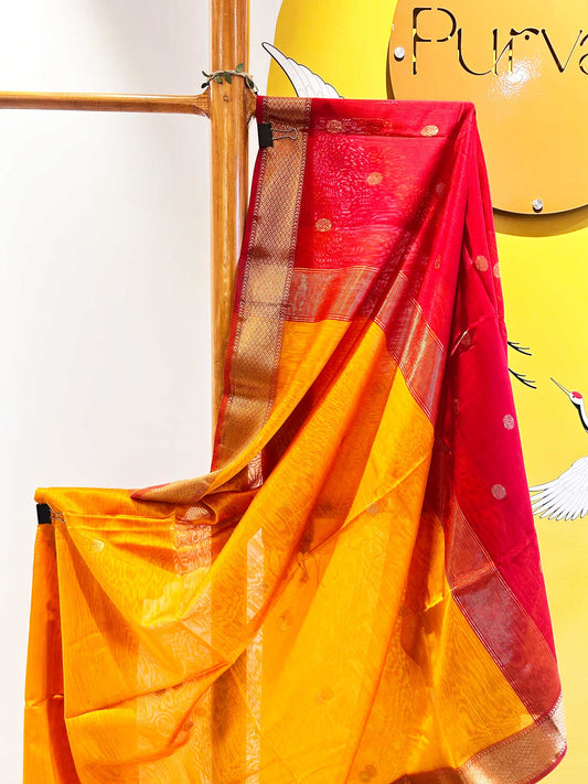Sun Yellow-Red Handwoven with Zari Booti - Pure Maheshwari Silk