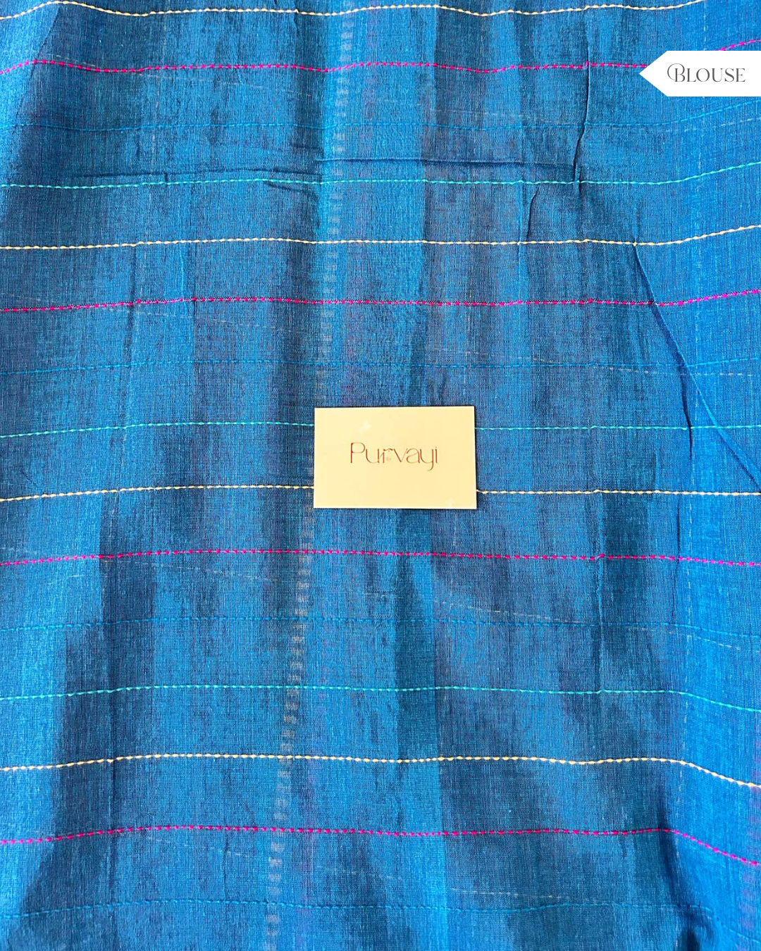 Hand-Stitched Kantha Blue Saree - Organic Khadi Linen