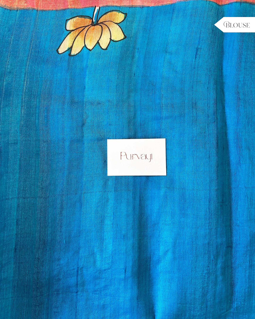 Handprinted Flower Motifs Blue Kalamkari Saree - Pure Tussar Silk