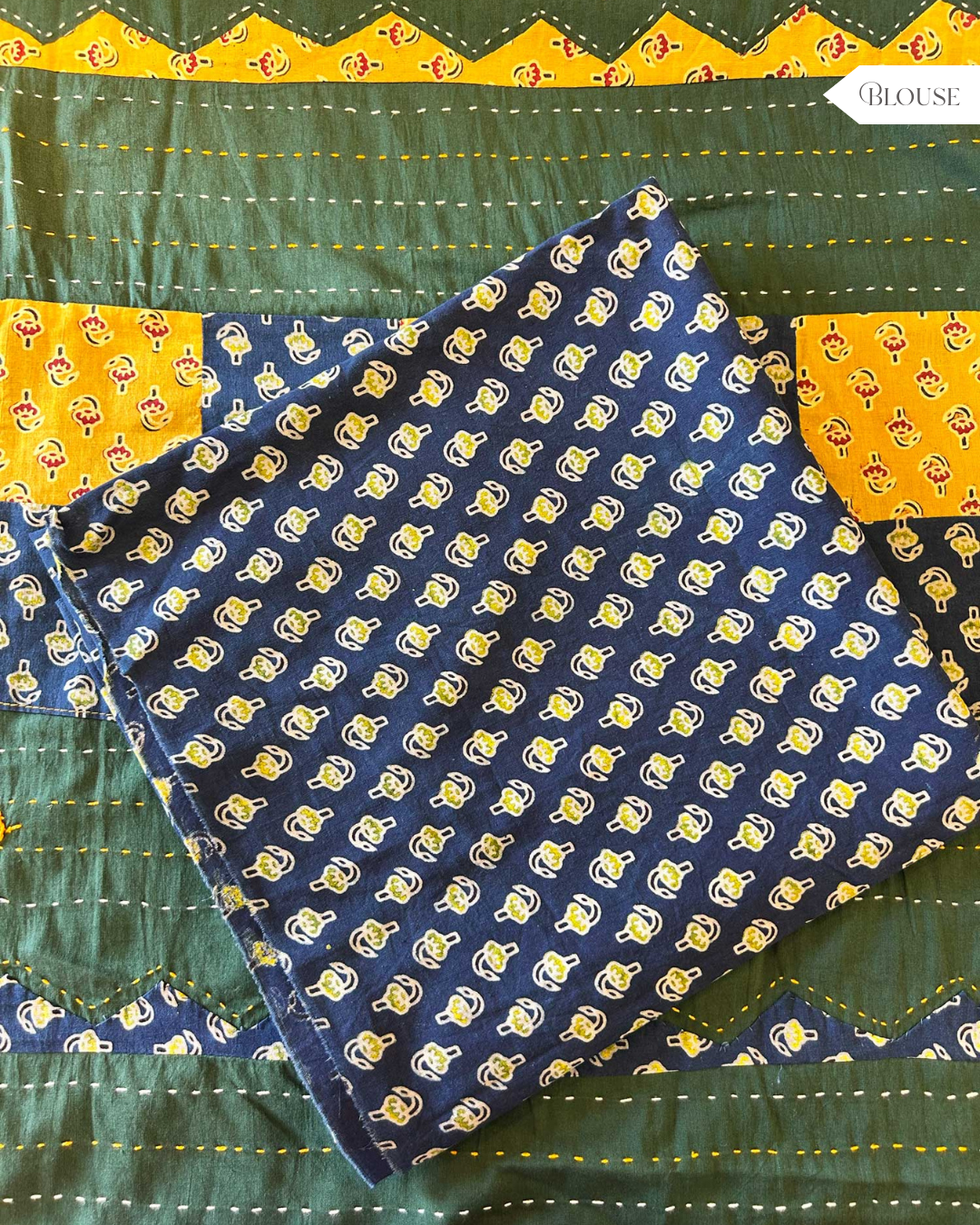 Handblock Ajrak Patchwork and Mirror-work Green Saree - Pure cotton