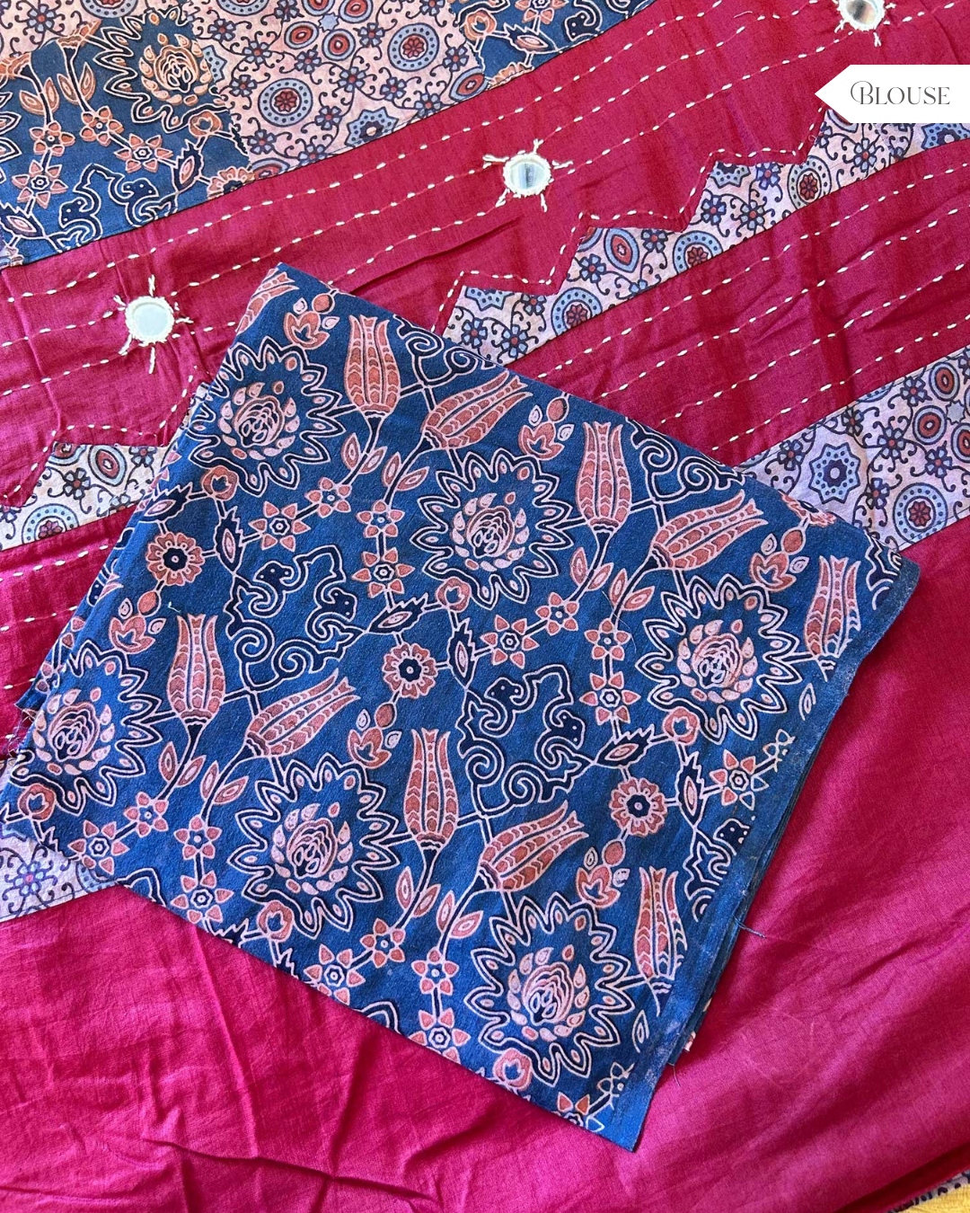 Handblock Ajrak Patchwork and Mirror-work Maroon Saree - Pure cotton