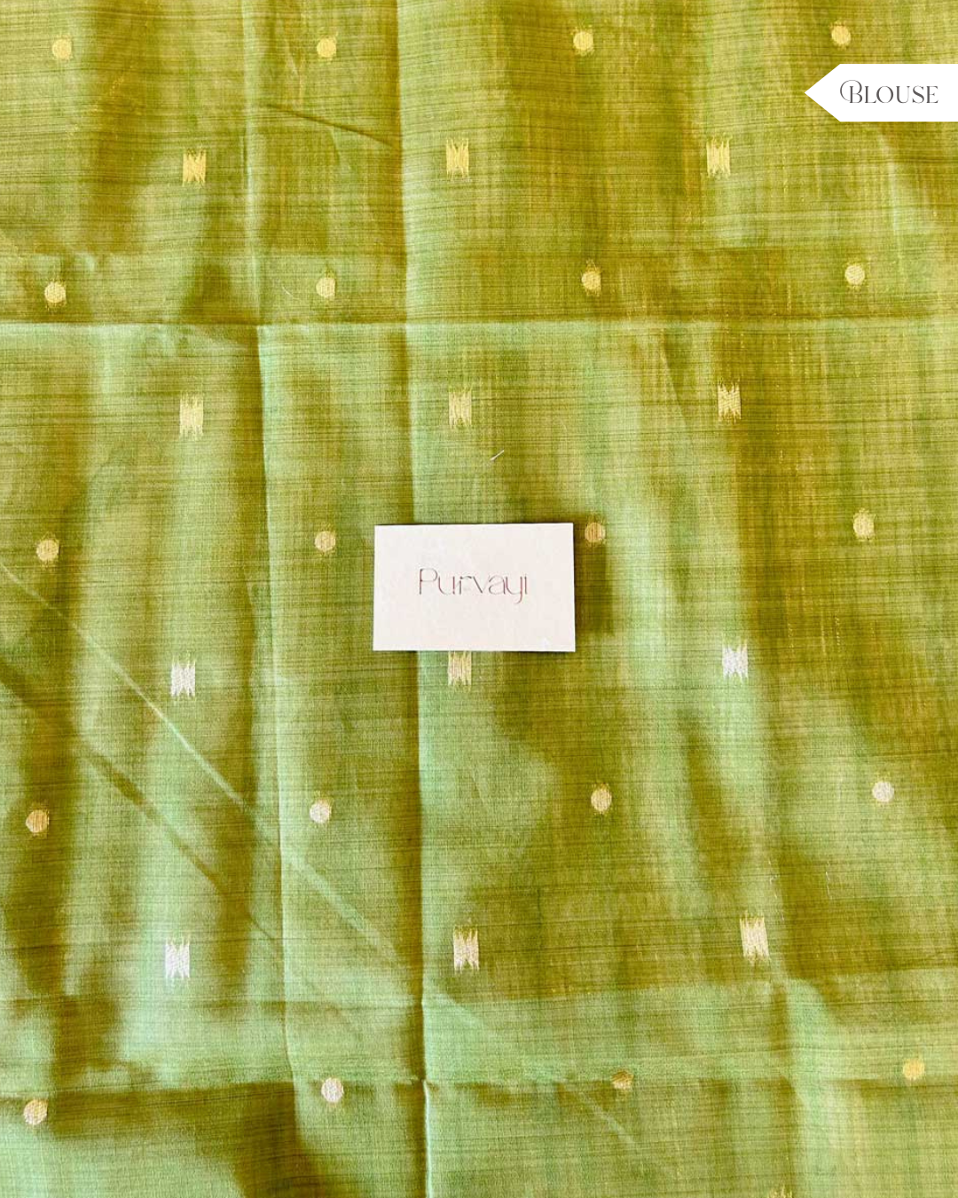 Creamy Beige Saree with Geometric Threadwork and Contrast Green Blouse - Tussar Silk Cotton