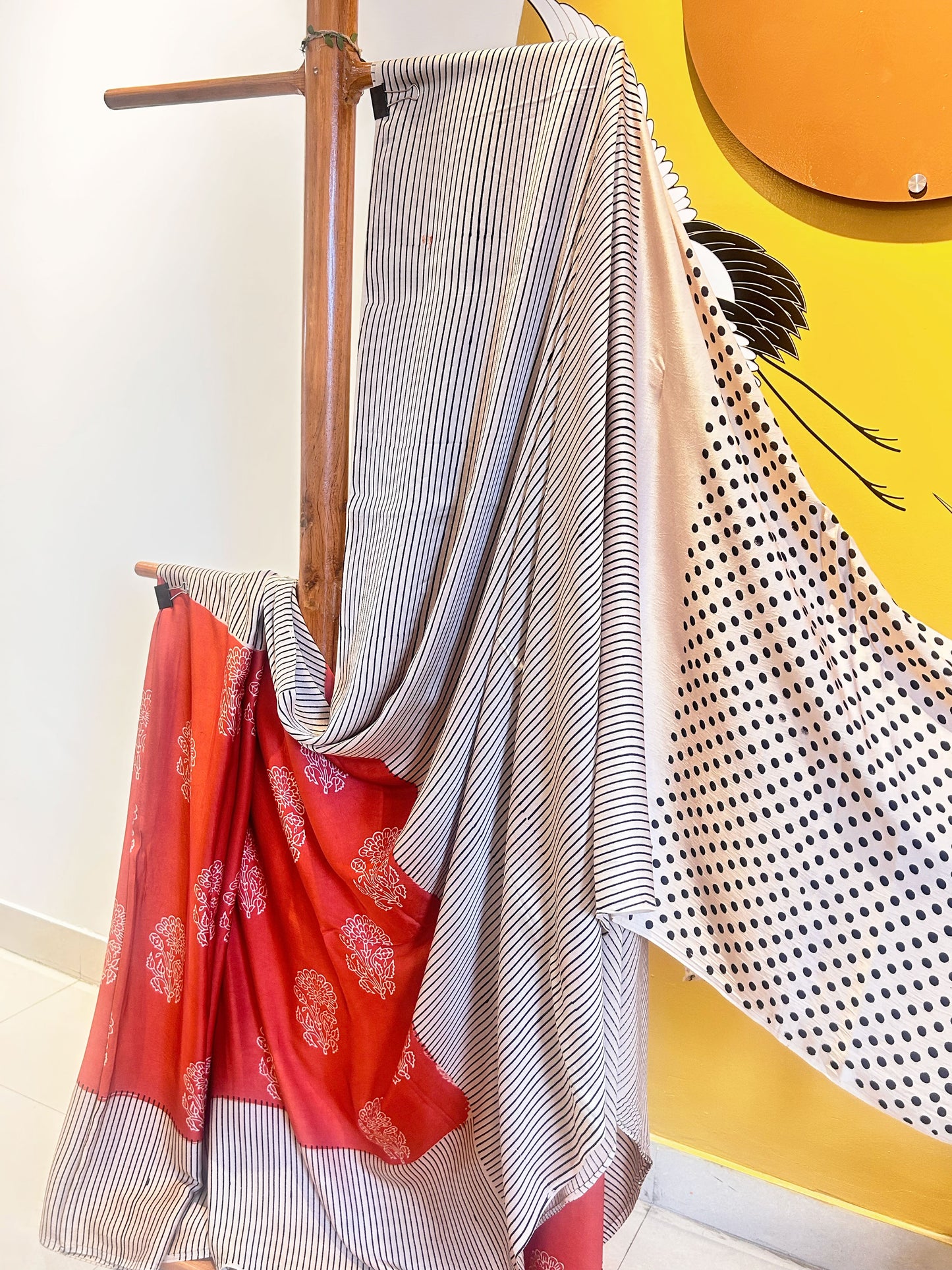 Handblocked Ajrak Bright Orange Saree - Modal Silk