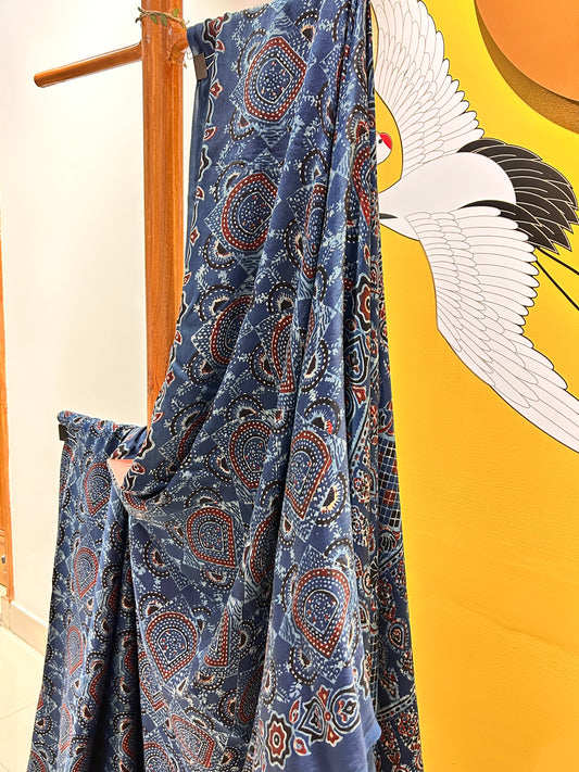 Handblocked Ajrak Indigo Blue Saree - Modal Silk