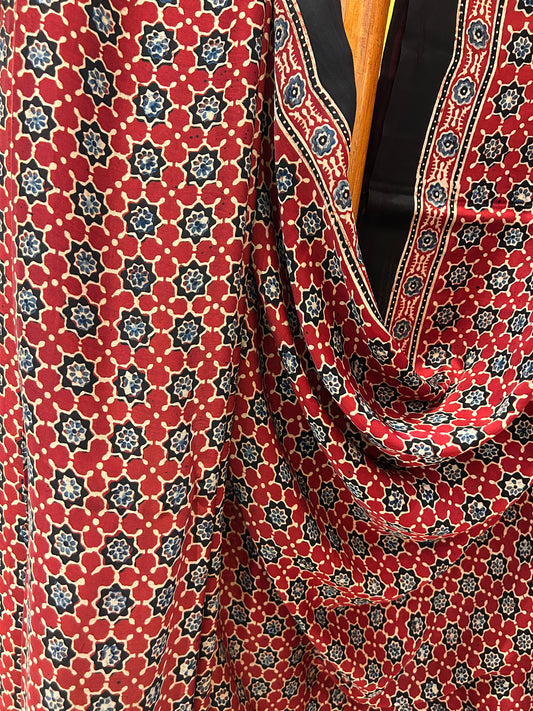 Handblocked Ajrak Floral Crimson Red Saree - Modal Silk