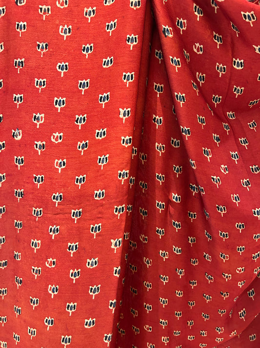 Handblocked Ajrak Crimson Red Lagda Patti (Zari) Saree - Modal Silk