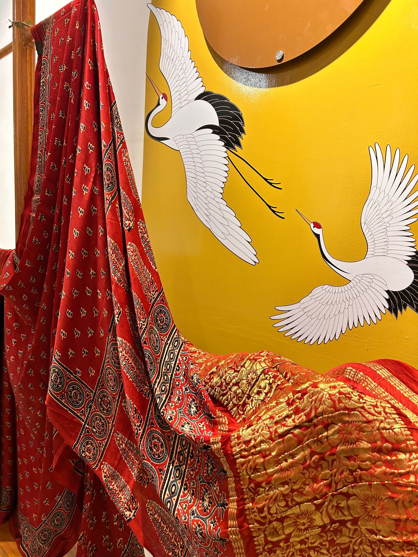 Handblocked Ajrak Crimson Red Lagda Patti (Zari) Saree - Modal Silk