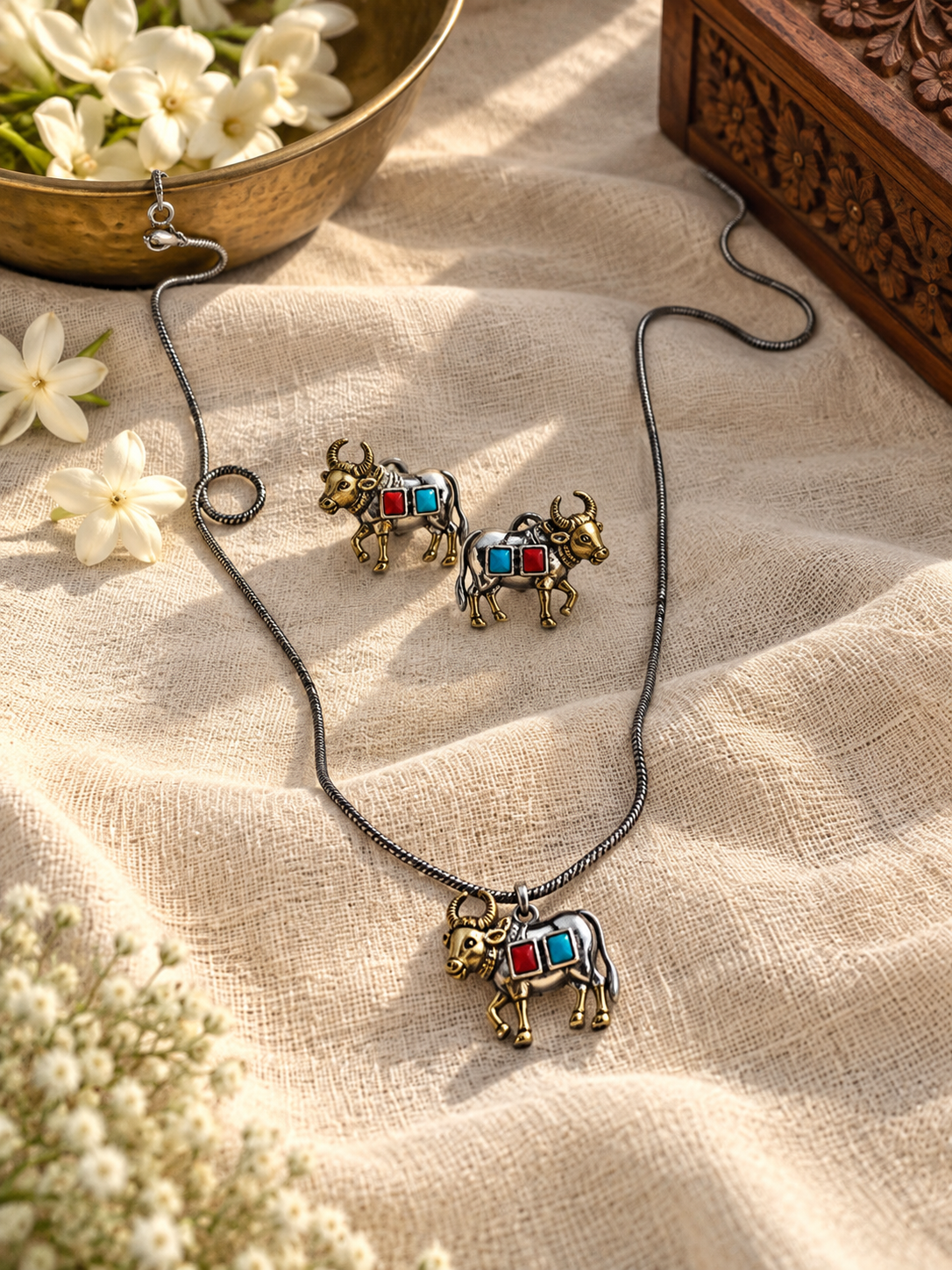 Nandi - Bull Charm Necklace & Earring Set