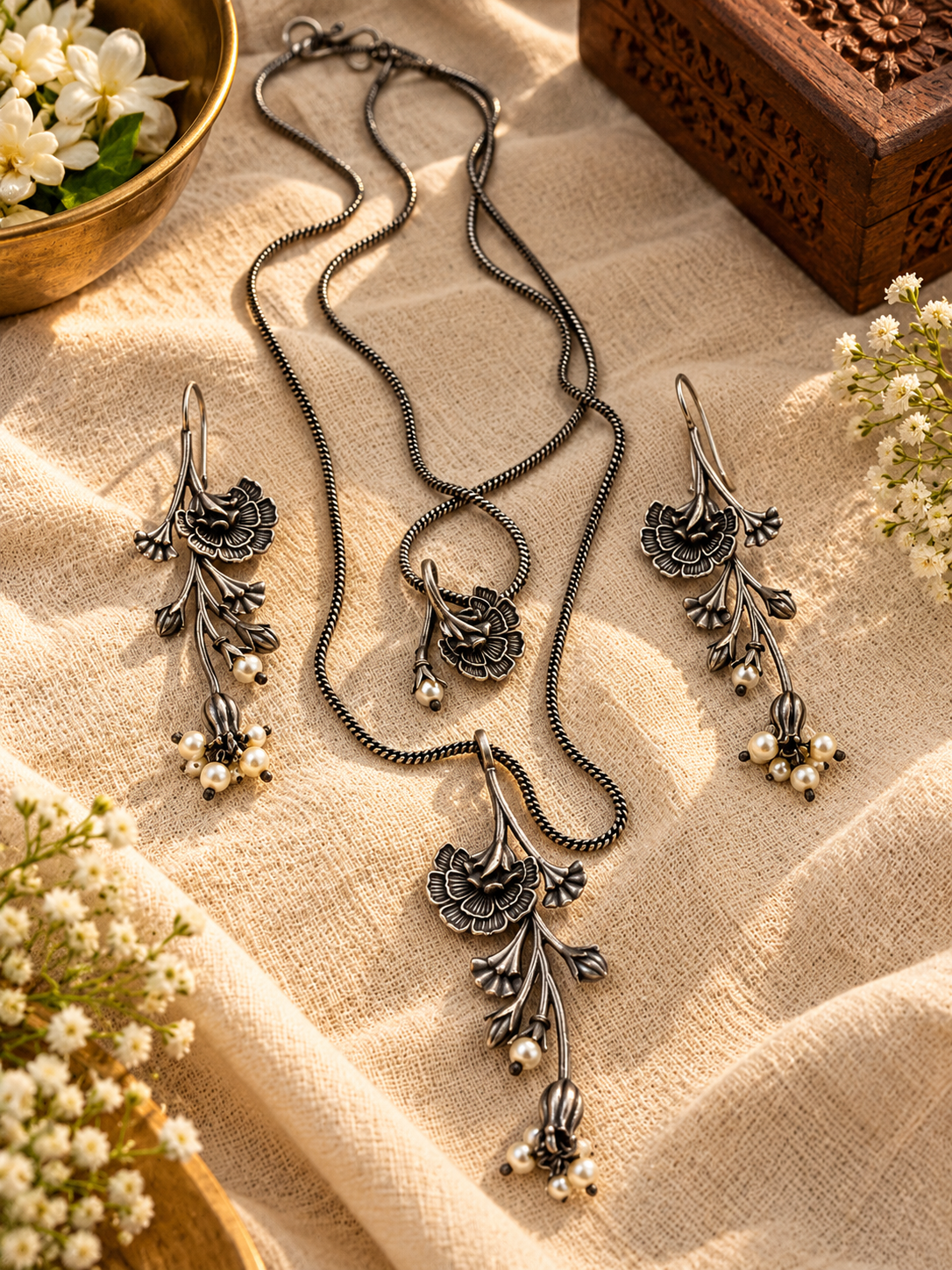 Gulbahar - Floral Oxidised Silver Jewellery Set