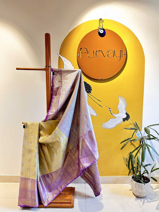 Light Yellow Rasipuram Silk Traditional Handloom Saree with Purple Contrast border