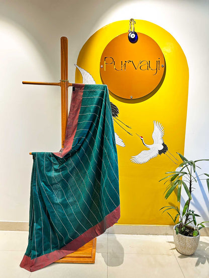 Hand-Stitched Kantha Mint Green Saree - Organic Khadi Linen