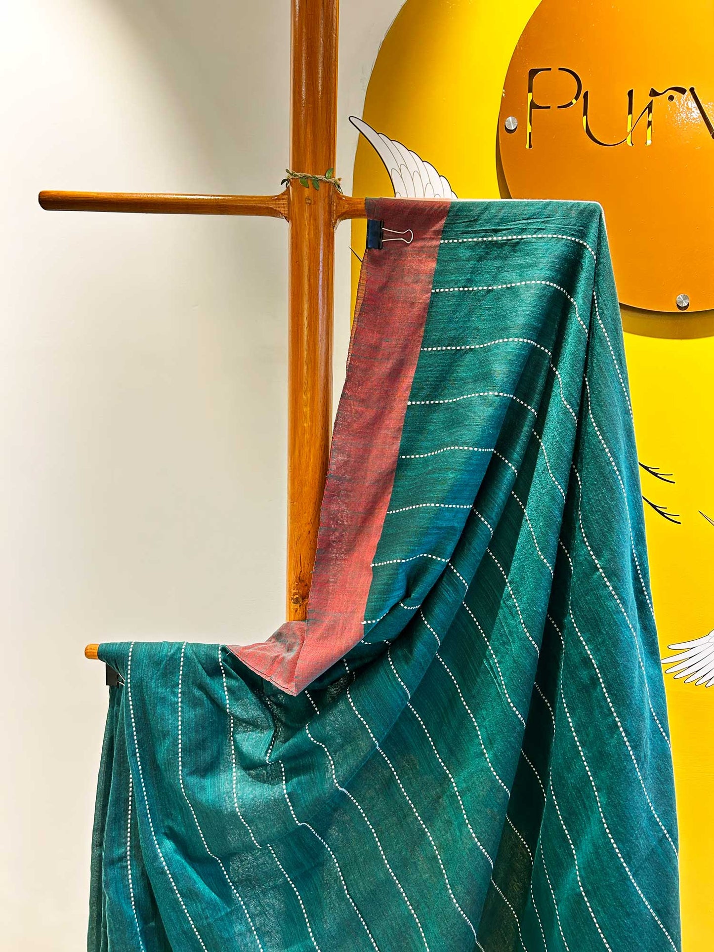 Hand-Stitched Kantha Mint Green Saree - Organic Khadi Linen