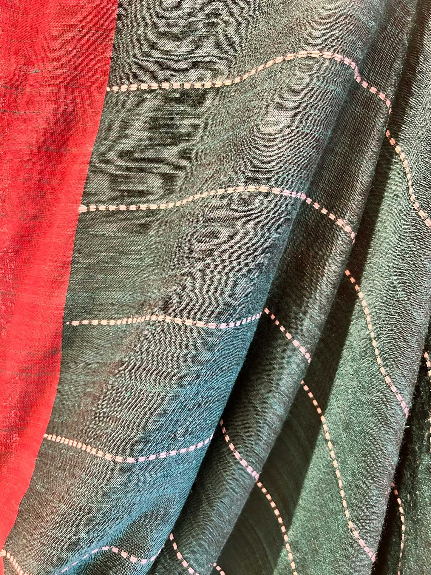 Hand-Stitched Kantha Mint Green Saree - Organic Khadi Linen