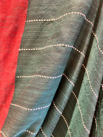 Hand-Stitched Kantha Mint Green Saree - Organic Khadi Linen