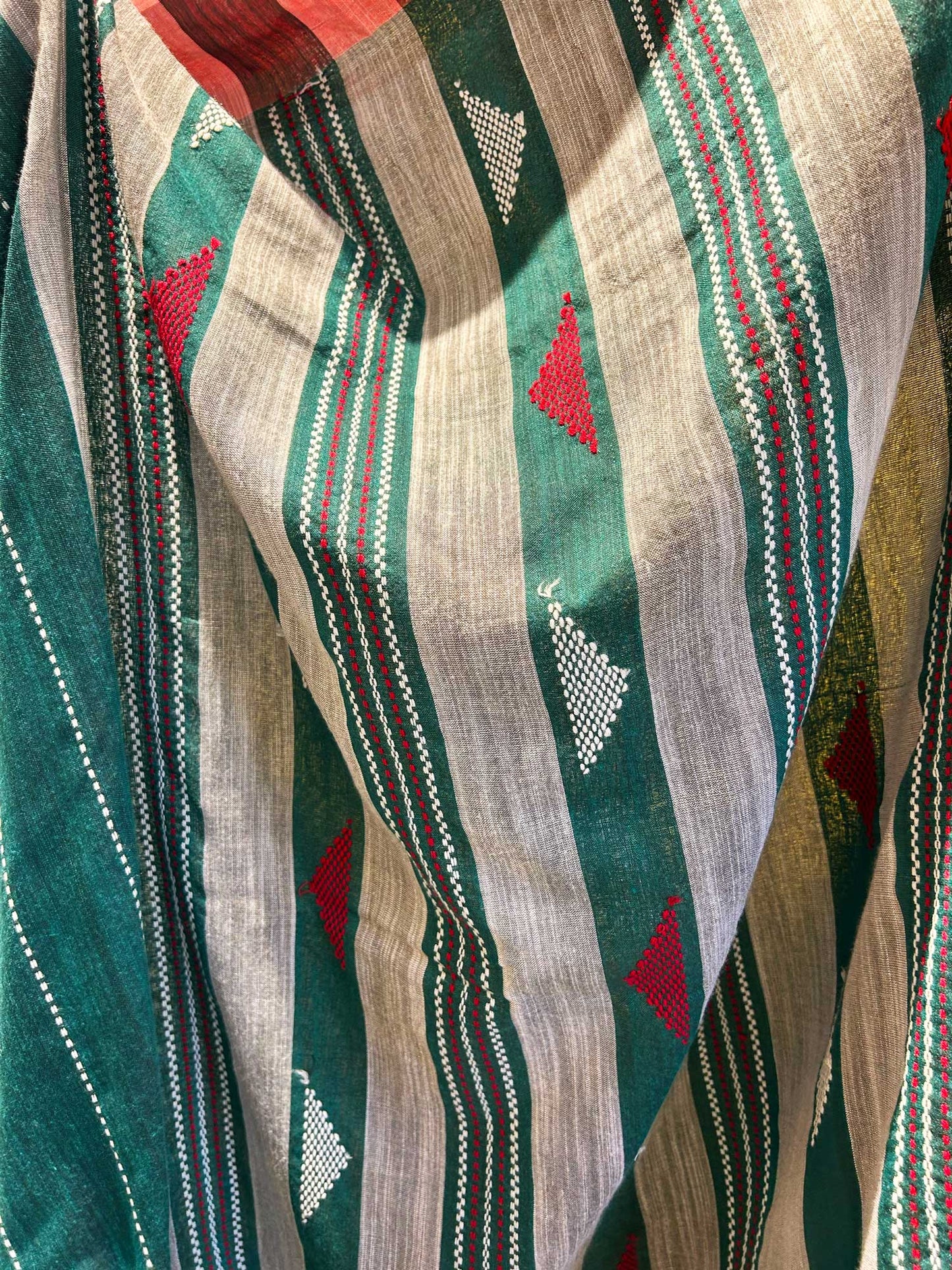 Hand-Stitched Kantha Mint Green Saree - Organic Khadi Linen