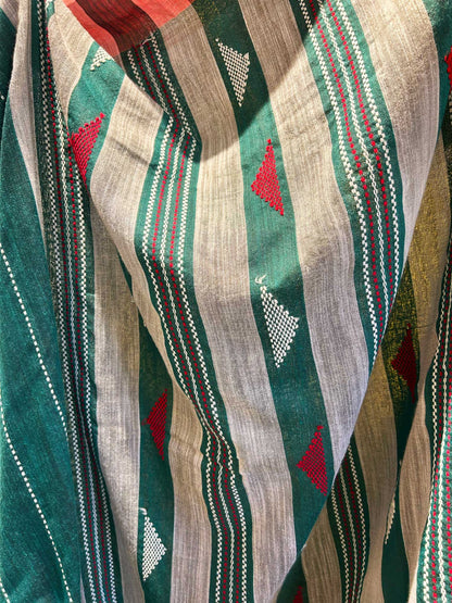 Hand-Stitched Kantha Mint Green Saree - Organic Khadi Linen