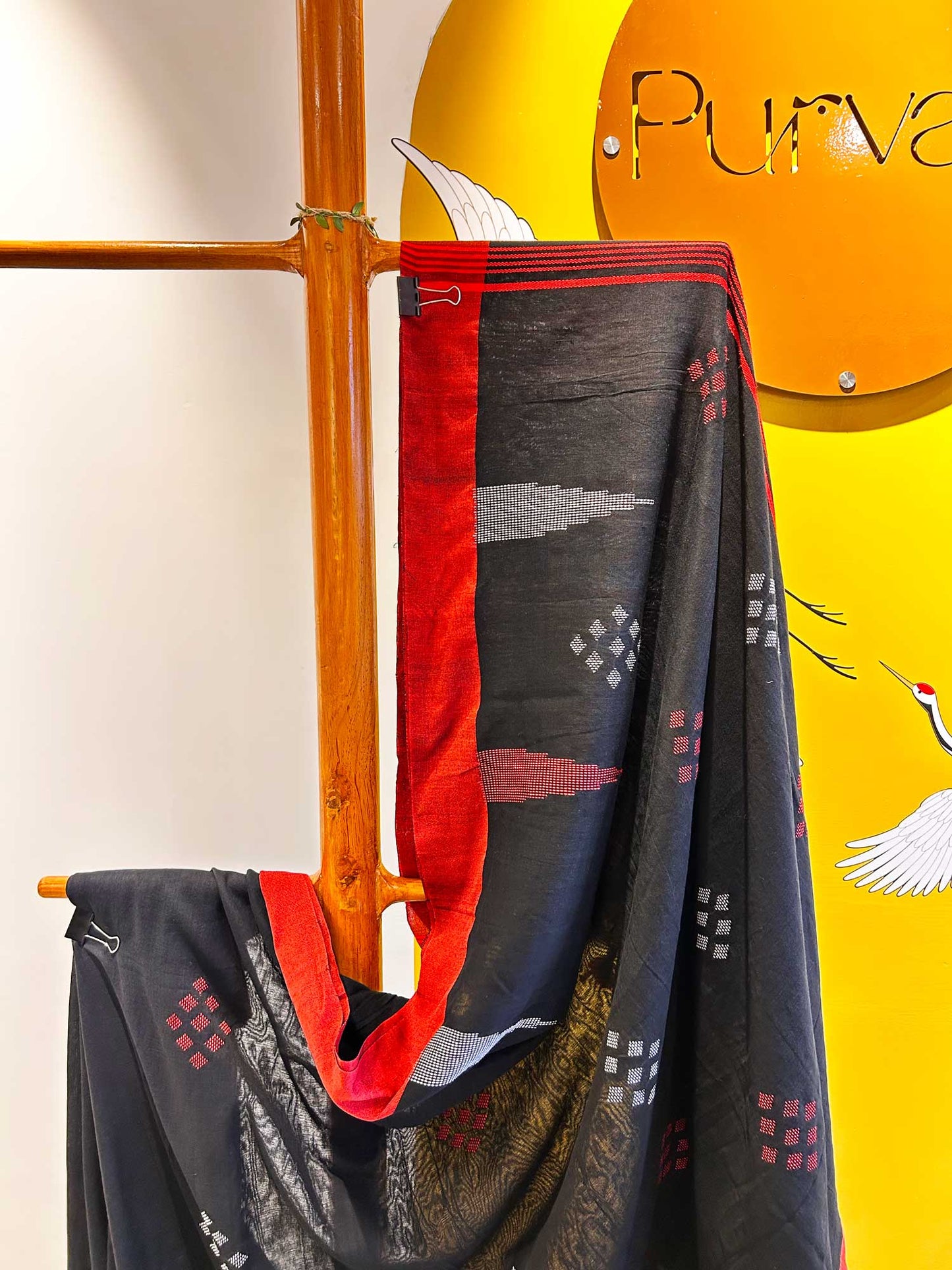 Hand-Stitched Kantha Black Saree - Organic Khadi Linen