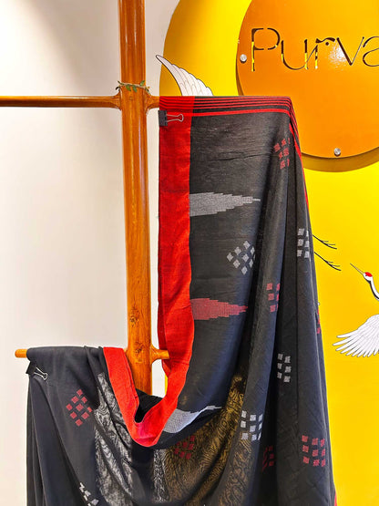 Hand-Stitched Kantha Black Saree - Organic Khadi Linen