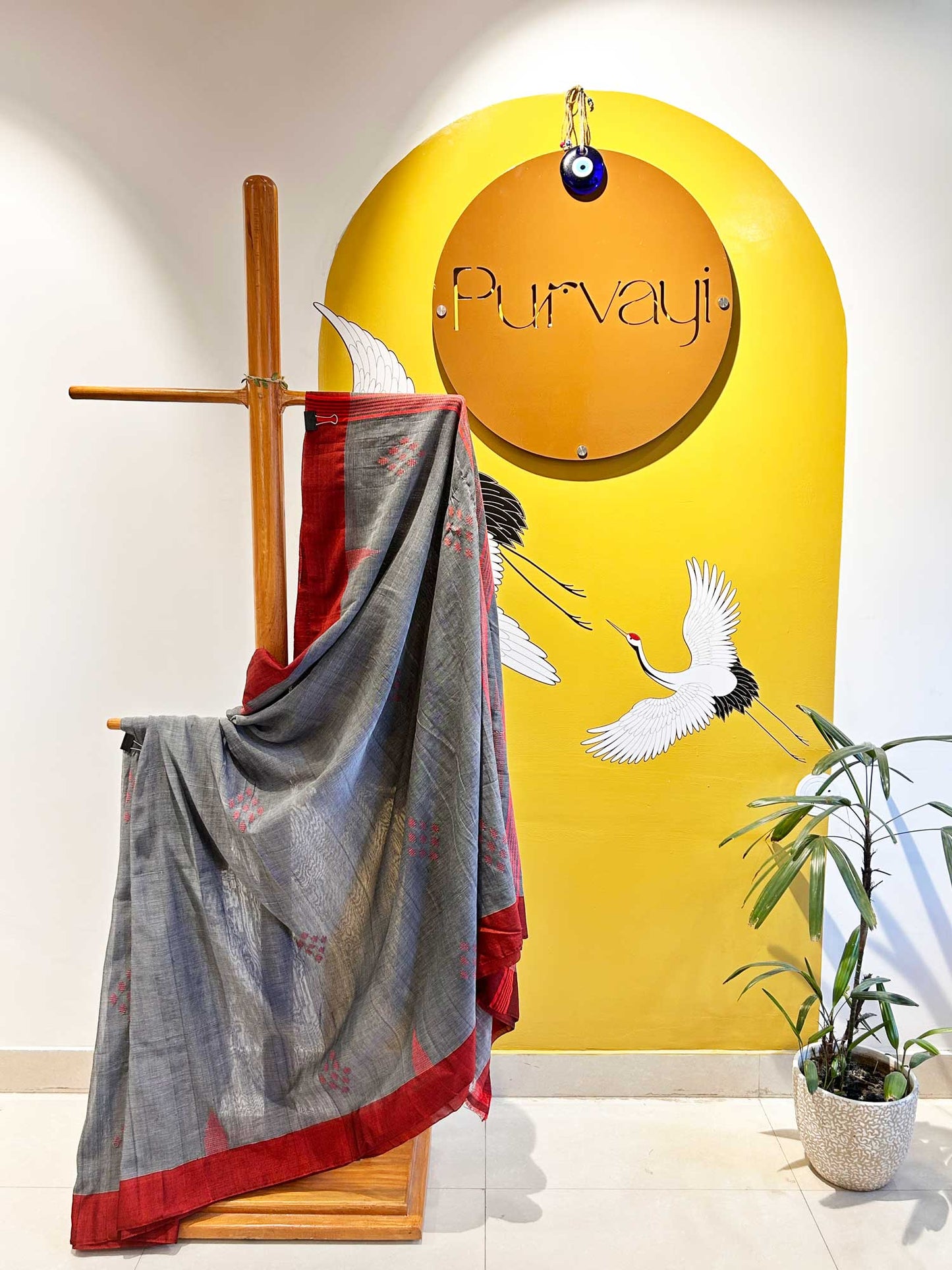 Hand-Stitched Kantha Gray Saree - Organic Khadi Linen