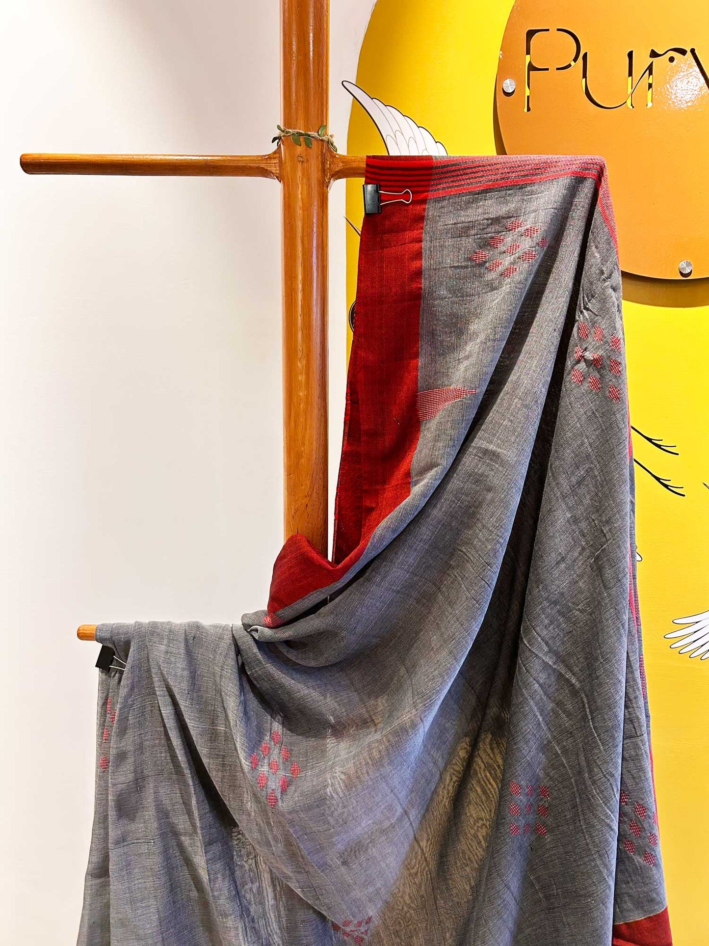 Hand-Stitched Kantha Gray Saree - Organic Khadi Linen