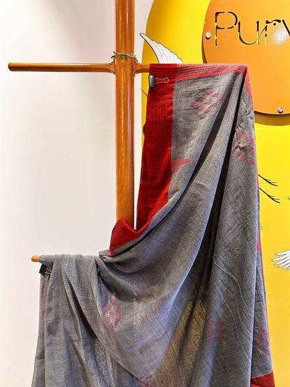 Hand-Stitched Kantha Gray Saree - Organic Khadi Linen