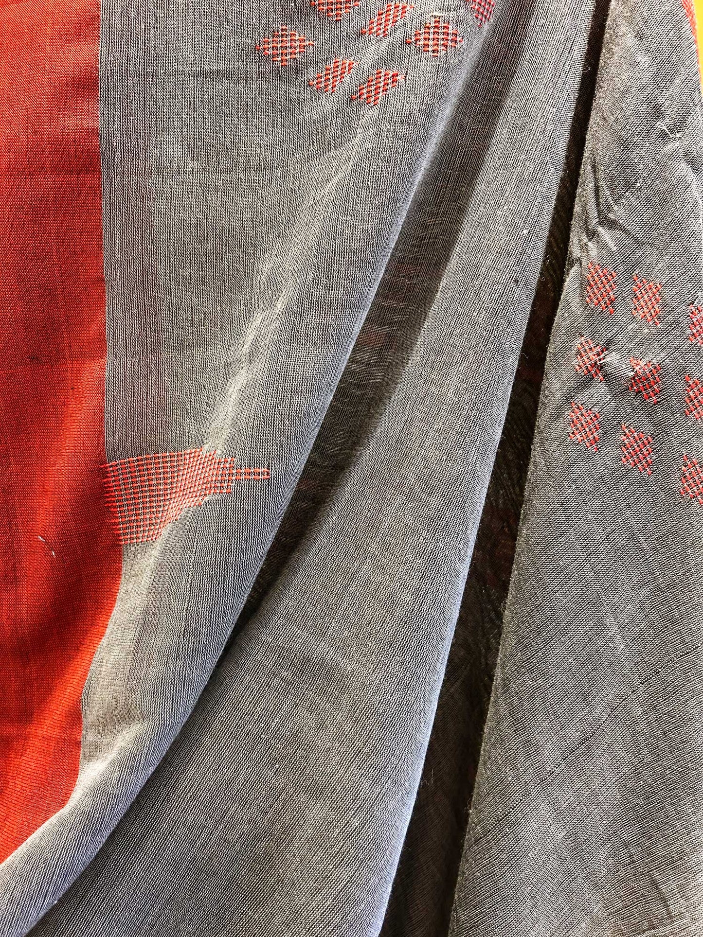 Hand-Stitched Kantha Gray Saree - Organic Khadi Linen