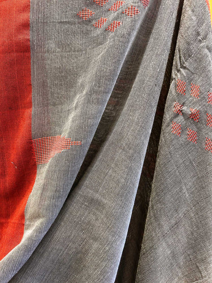 Hand-Stitched Kantha Gray Saree - Organic Khadi Linen