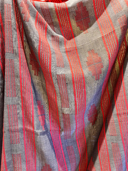 Hand-Stitched Kantha Gray Saree - Organic Khadi Linen