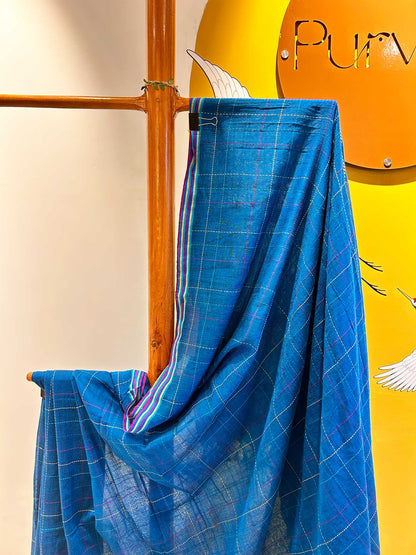 Hand-Stitched Kantha Blue Saree - Organic Khadi Linen