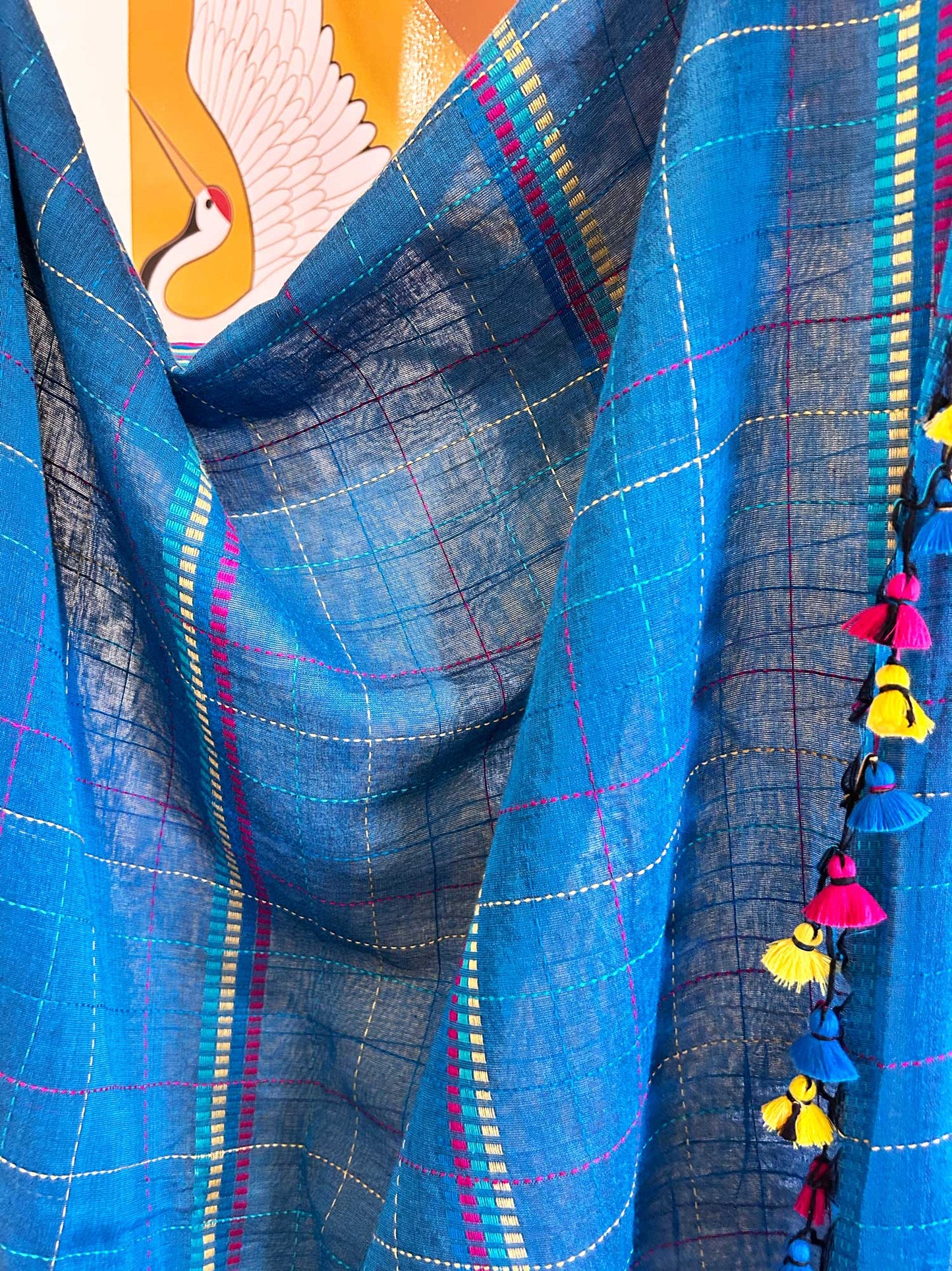 Hand-Stitched Kantha Blue Saree - Organic Khadi Linen