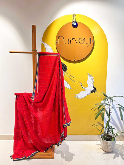 Hand-Stitched Bright Red Saree - Organic Khadi Linen