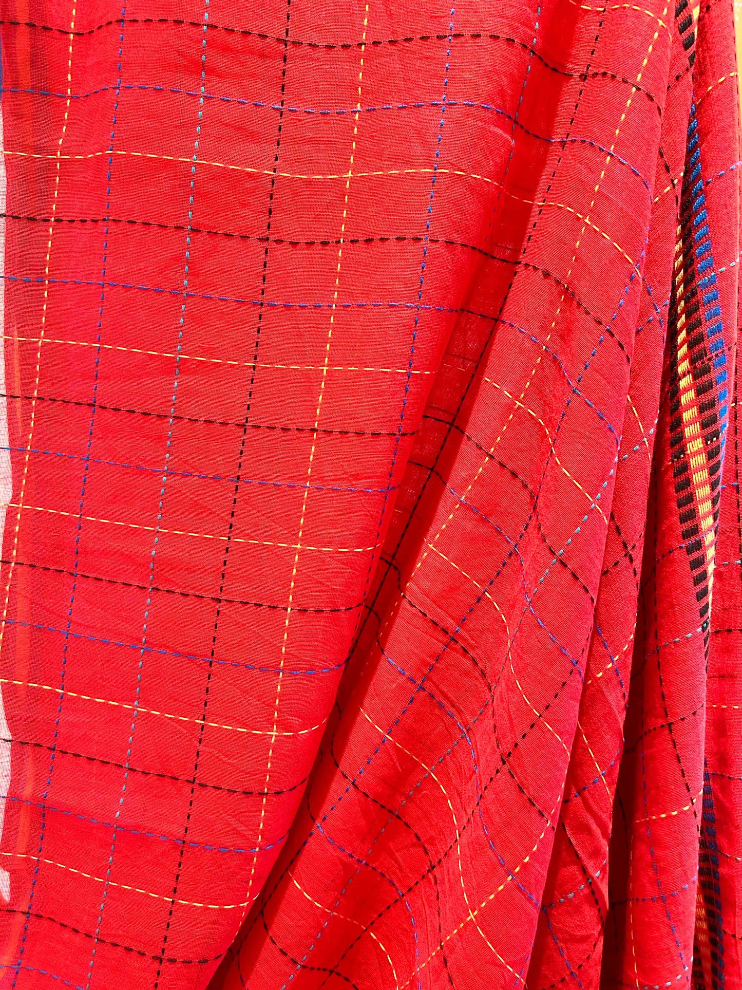 Hand-Stitched Bright Red Saree - Organic Khadi Linen