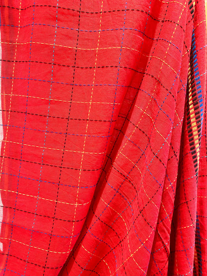 Hand-Stitched Bright Red Saree - Organic Khadi Linen