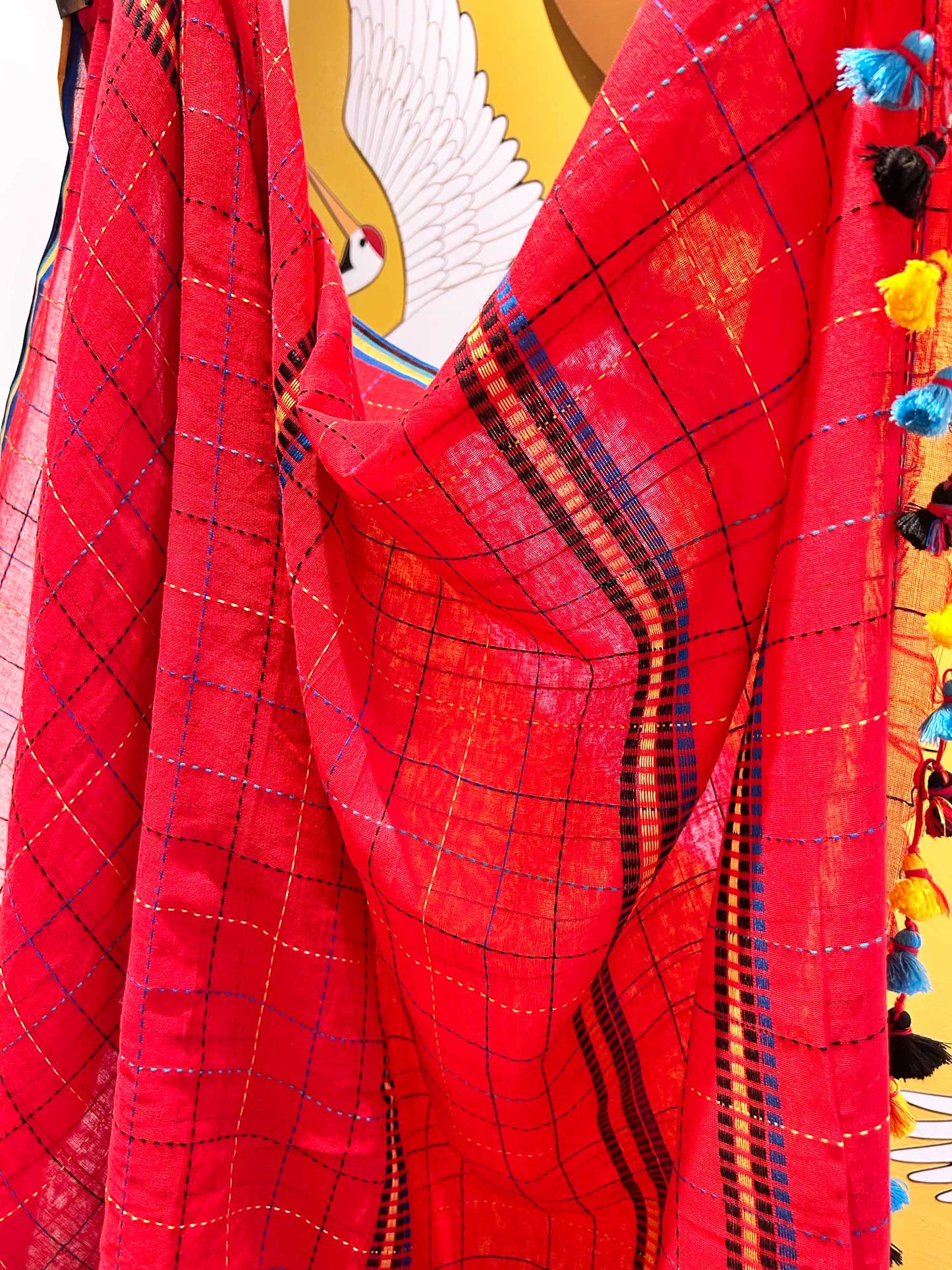 Hand-Stitched Bright Red Saree - Organic Khadi Linen