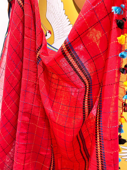 Hand-Stitched Bright Red Saree - Organic Khadi Linen
